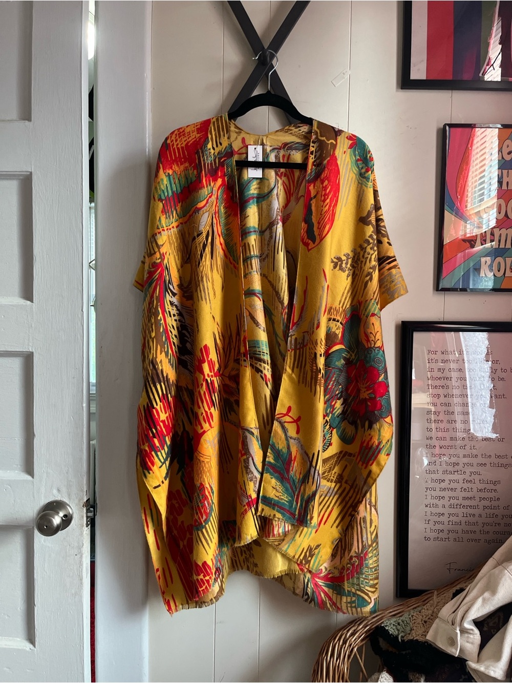 Nicole Miller Yellow Multicolor Floral Open Cardigan